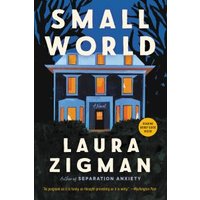 "Small World book by Laura Zigman, blue house with orange windows on cover, surrounded by dark trees."
