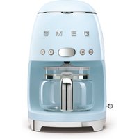 Pastel blue Smeg drip coffee machine with chrome accents and glass carafe.