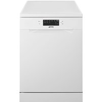 White Smeg DF262DB 60cm freestanding dishwasher with digital display and sleek handle.