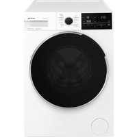 White Smeg washer dryer with black circular door, digital display, and control knob on the front panel.