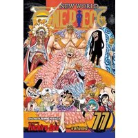 "Colorful One Piece manga volume 77 cover featuring various characters in dynamic poses and vibrant costumes."