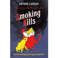 "Smoking Kills book cover with yellow frog, cigarette pack, and red-black abstract background"
