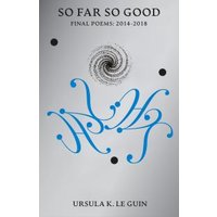 Gray book cover titled "So Far So Good" with blue abstract design and black spiral pattern.