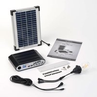 Solar lighting kit with a rectangular solar panel, black control unit, cables, and an LED bulb, suitable for gazebos.