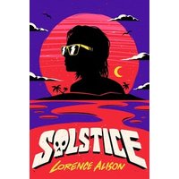 "Solstice" book cover with silhouette of person in sunglasses, red sun, purple sky, and stylized white title text.