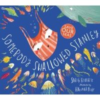 "Somebody Swallowed Stanley children's book, blue cover with illustrated jellyfish and sea creatures, save our seas badge"