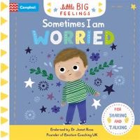 Children's book "Sometimes I Am Worried" with illustrated child on blue cover, colorful text, and star accents.