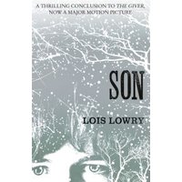 "Son book by Lois Lowry, cover with white branches and partial face against a gray background"