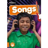 Children's book "Songs" featuring a smiling boy in green shirt wearing headphones, with a red guitar graphic.