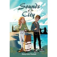 "Book cover 'Sounds of the City' with illustrated teens, suitcase, cityscape, and blue sky background"