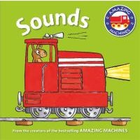 Children's book "Sounds" with a red cartoon train on a green background, part of Amazing Machines series.