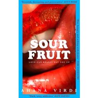 "Sour Fruit" book by HarperCollins, blue cover with close-up of glossy red lips and white teeth.