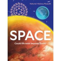 Book titled "Space" with an orange planet, blue moon, and starry background, text "Could life exist beyond Earth?"