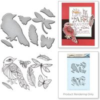 "Sparrow die set with bird, leaves, and butterfly shapes, includes coordinating stamp set and card design example"