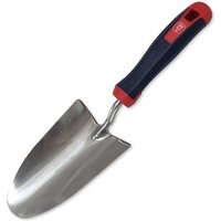 Stainless steel hand trowel with a black and red ergonomic handle, featuring a smooth, pointed blade.