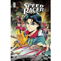 "Speed Racer Vol. 1 graphic novel, features characters in racing gear with a cityscape and race car in the background"