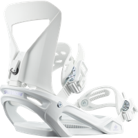 White Salomon Spell snowboard binding with adjustable straps, highback support, and sleek, minimalist design.