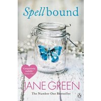 "Spellbound book cover with a glass jar containing a blue butterfly, white background, and author Jane Green's name in pink."