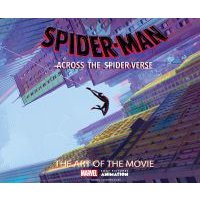 "Spider-Man Across the Spider-Verse art book with vibrant cityscape and silhouette of Spider-Man swinging."