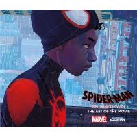 "Spider-Man: Into the Spider-Verse art book with Miles Morales in black and red suit on cover, cityscape background"