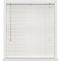 White Spirit venetian blinds with thin horizontal slats and pull cords, framed by a white window casing.