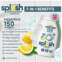 Splesh lemon-scented eco-friendly dishwasher pods, 150 pack, in white packaging with lemon and leaf graphics.