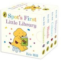 "Spot's First Little Library box set with colorful titles and illustrations of a yellow puppy reading a book."