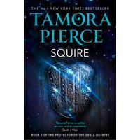 "Book cover of 'Squire' by Tamora Pierce, featuring a glowing shield with intricate designs against a starry background."