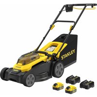 Yellow and black Stanley cordless rotary lawnmower with 370mm deck, ergonomic handle, and three lithium batteries.
