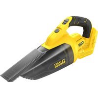 Yellow and black Stanley Fatmax V20 cordless hand vacuum with ergonomic handle and transparent dust container.
