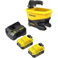 Yellow Stanley FatMax V20 18V cordless spreader with black handle, two batteries, and a charger.