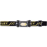Black Stanley magnetic head torch with yellow logo, adjustable strap, and rectangular LED light.