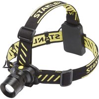 Black and yellow Stanley Zoom Head Torch with adjustable strap and front LED light.