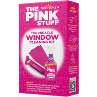 Pink Stardrops window cleaning kit with spray bottle, cloth, and cleaning pads in vibrant pink packaging.