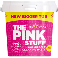 Pink tub of Stardrops The Pink Stuff Miracle Cleaning Paste, 850g, with yellow lid and bold white text.