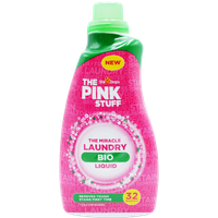 Pink Stardrops organic liquid detergent bottle, 960ml, with green cap and floral design, labeled "The Pink Stuff."