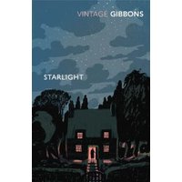 "Starlight book cover with dark house, lit windows, starry night sky, and trees, by Vintage Gibbons"
