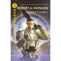 "Starship Troopers book cover featuring soldier in armor with futuristic weapon, SF Masterworks series by Robert A. Heinlein"