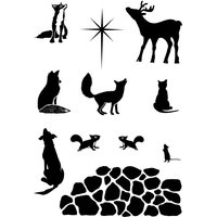 "StarStruck" Card-io stamp set with silhouettes of foxes, deer, star, squirrels, and stone pattern.
