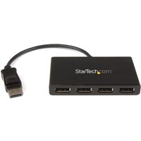 Black StarTech 4-Port DisplayPort 1.2 MST Hub with four DisplayPort outputs and attached cable.