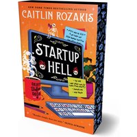 "Startup Hell" book by Titan Books Ltd, orange cover with computer graphic, sticky notes, and playful illustrations.