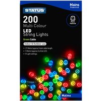 STATUS Malmo 200 LED String Lights, multicoloured, 21m, green cable, indoor/outdoor use, bright festive colors.