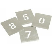 Zinc stencil set featuring numbers 0-9, each on a 6-inch square metal sheet with cut-out figures.