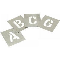 Zinc stencils set with large 6-inch letters A, B, C, G, featuring a metallic finish and bold, clear cutouts.