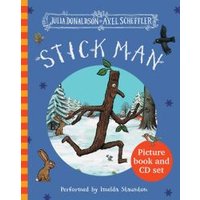 "Stick Man picture book and CD set with blue cover, featuring a stick figure running in a snowy forest."