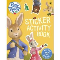 Peter Rabbit Sticker Activity Book with 150 stickers, featuring characters in colorful outfits on a yellow background.