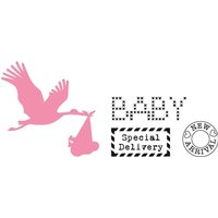 Pink stork cutting die set with clear stamps featuring "Baby," "Special Delivery," and "New Arrival" text designs.