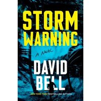 "Storm Warning" book by David Bell, blue cover with yellow title, silhouette of a person in a stormy scene.