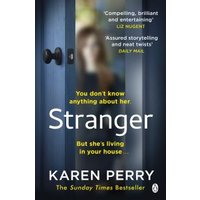 "Stranger book cover with blurred figure behind glass door, featuring quotes and author Karen Perry's name in yellow text"