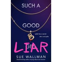 "Book 'Such a Good Liar' by Sue Wallman, cover with gold necklace and heart pendant on dark background"